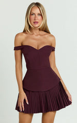 Izara Mini Dress - Off Shoulder Pleated Dress in Wine