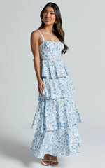 Lorma Midi Dress - Ruched Layered Dress in Blue Floral